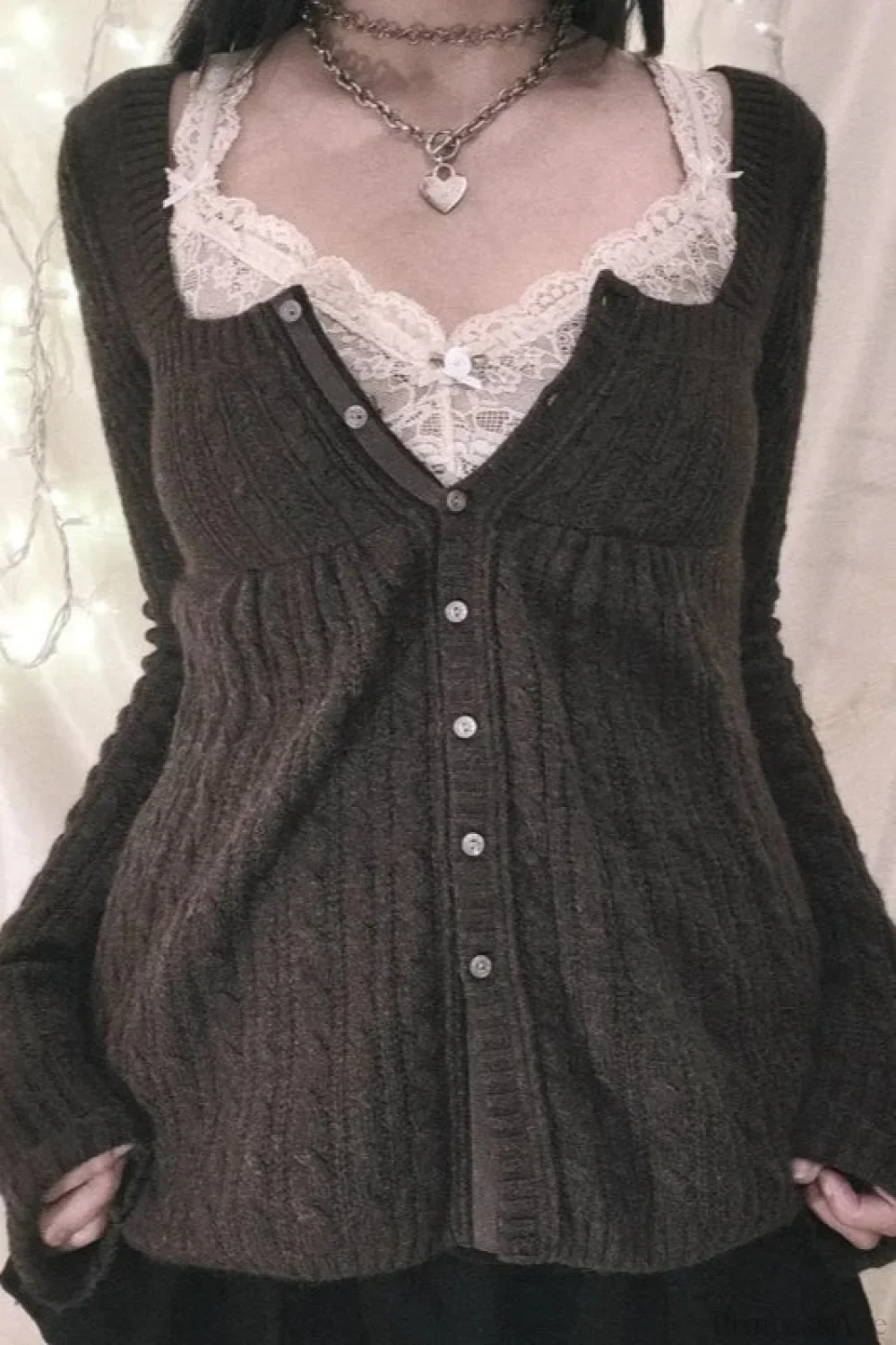 Y2K Sweet Square Neck Cable Knit Button Blouse - Image 5
