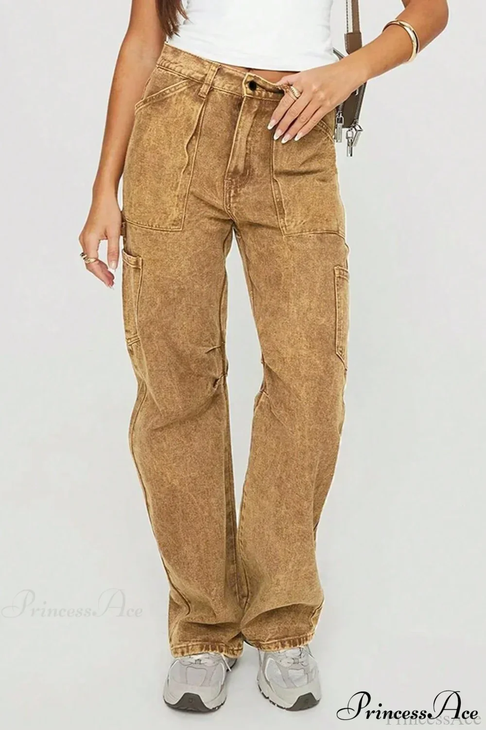 Y2K Washed Brown Straight Leg Cargo Jeans - Image 3