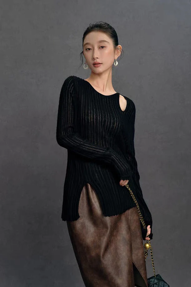 Yaohua Xiyan French Elegant Wool Openwork Ribbed Knit Top - Image 10
