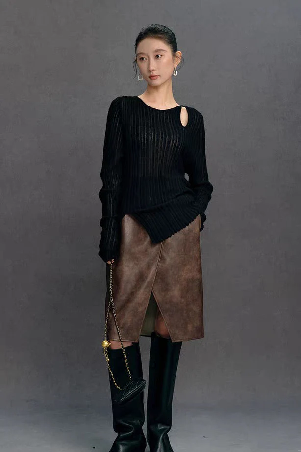 Yaohua Xiyan French Elegant Wool Openwork Ribbed Knit Top - Image 12