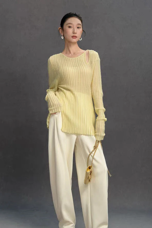 Yaohua Xiyan French Elegant Wool Openwork Ribbed Knit Top - Image 5