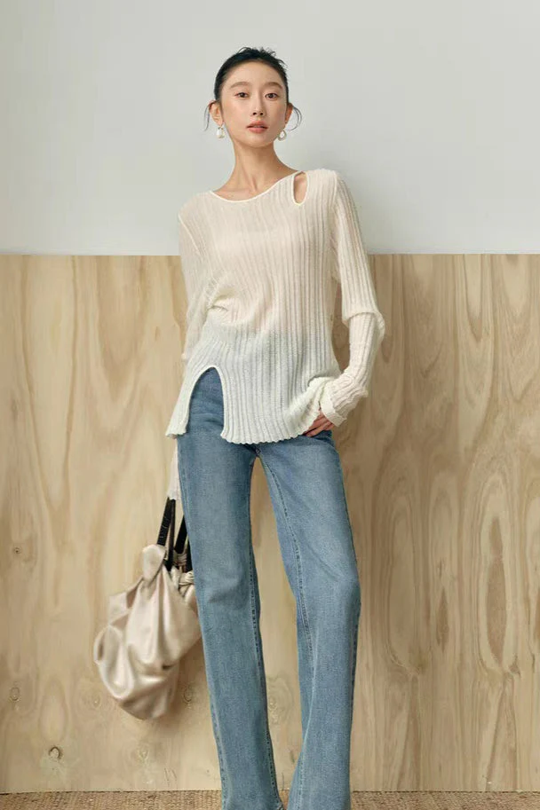 Yaohua Xiyan French Elegant Wool Openwork Ribbed Knit Top - Image 7