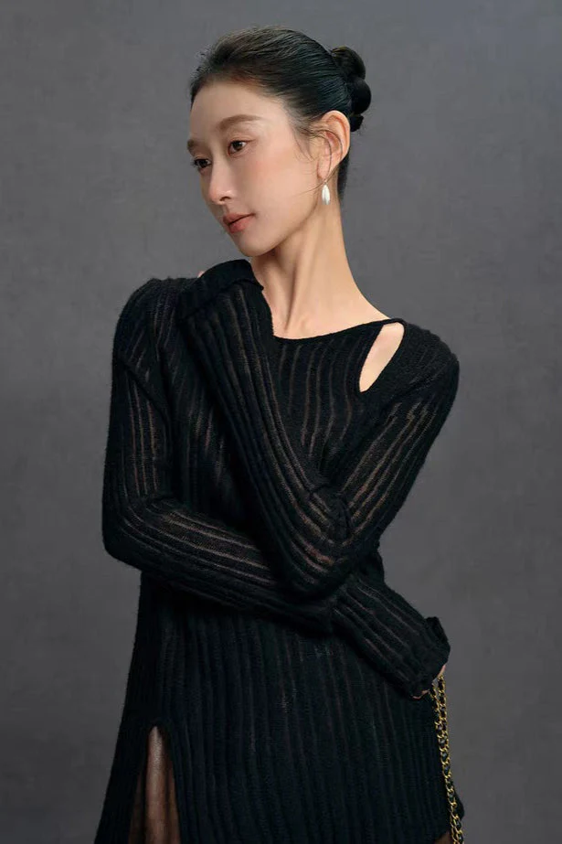 Yaohua Xiyan French Elegant Wool Openwork Ribbed Knit Top - Image 9