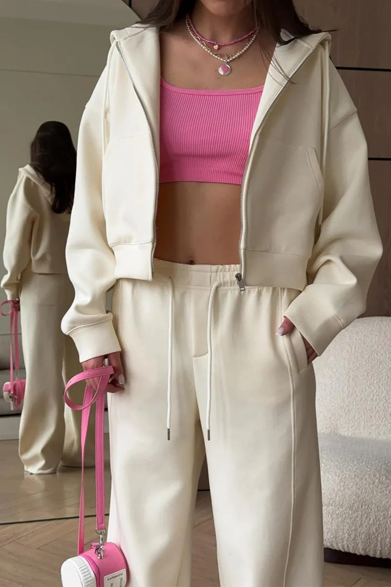 Zipper Hoodie Long Sleeve Wide Leg Pants Two Piece Set - Image 13