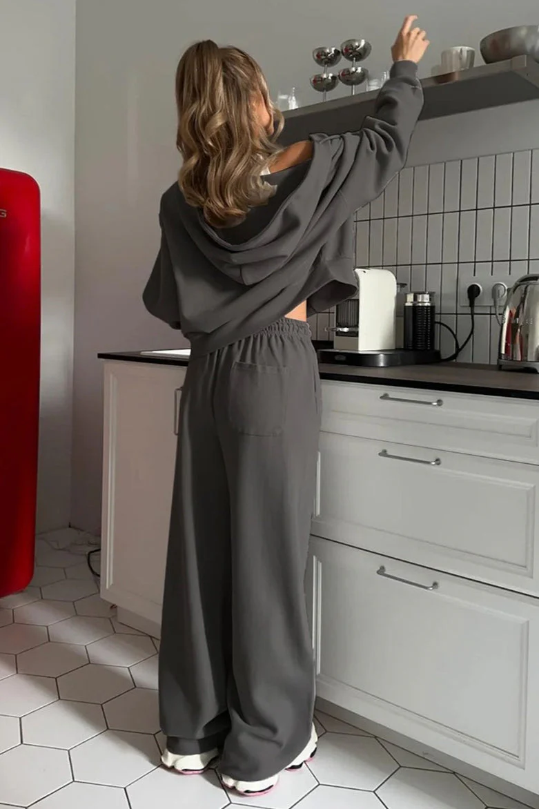 Zipper Hoodie Long Sleeve Wide Leg Pants Two Piece Set - Image 17