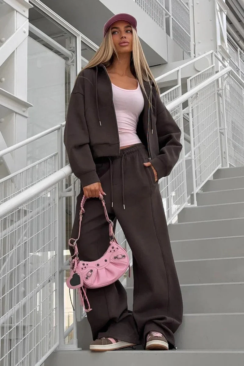 Zipper Hoodie Long Sleeve Wide Leg Pants Two Piece Set - Image 19