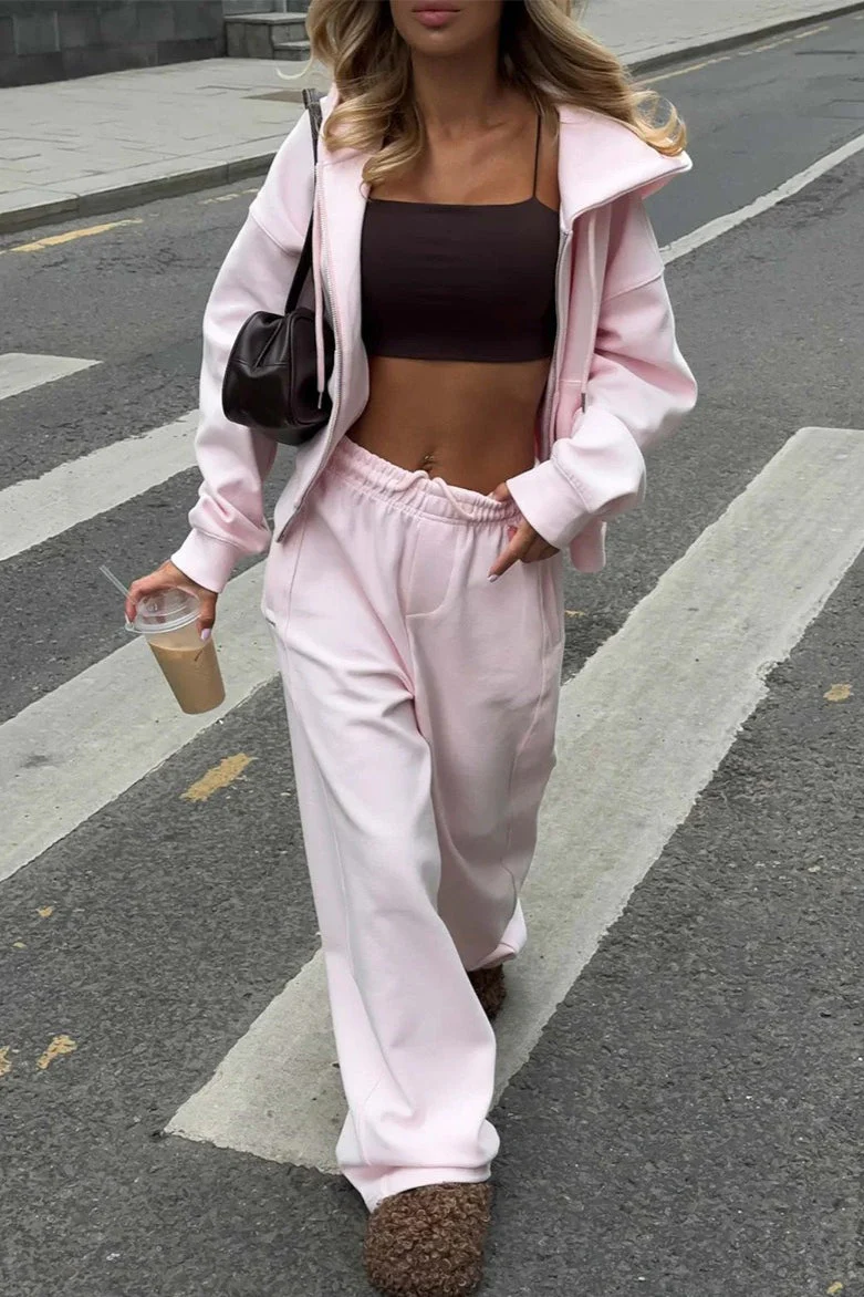 Zipper Hoodie Long Sleeve Wide Leg Pants Two Piece Set - Image 2