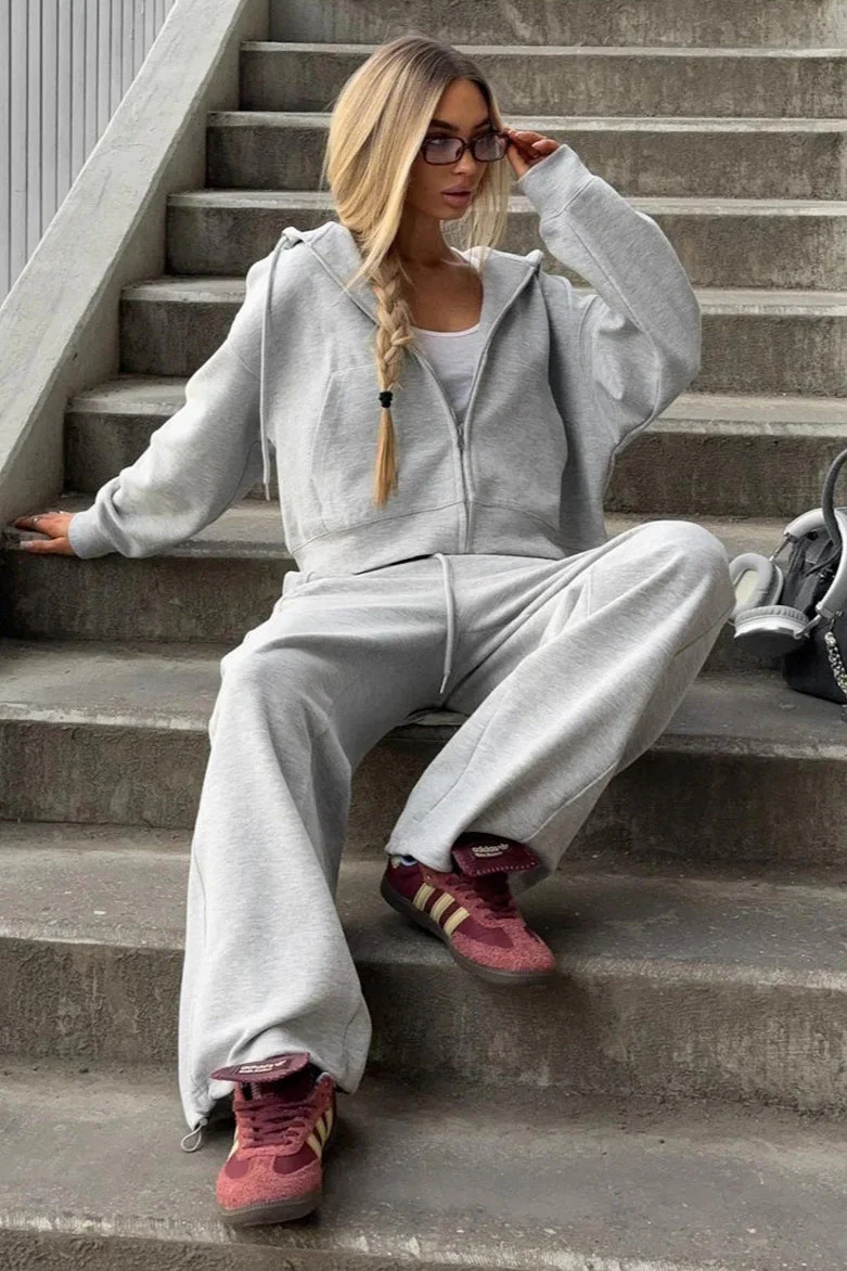 Zipper Hoodie Long Sleeve Wide Leg Pants Two Piece Set - Image 5