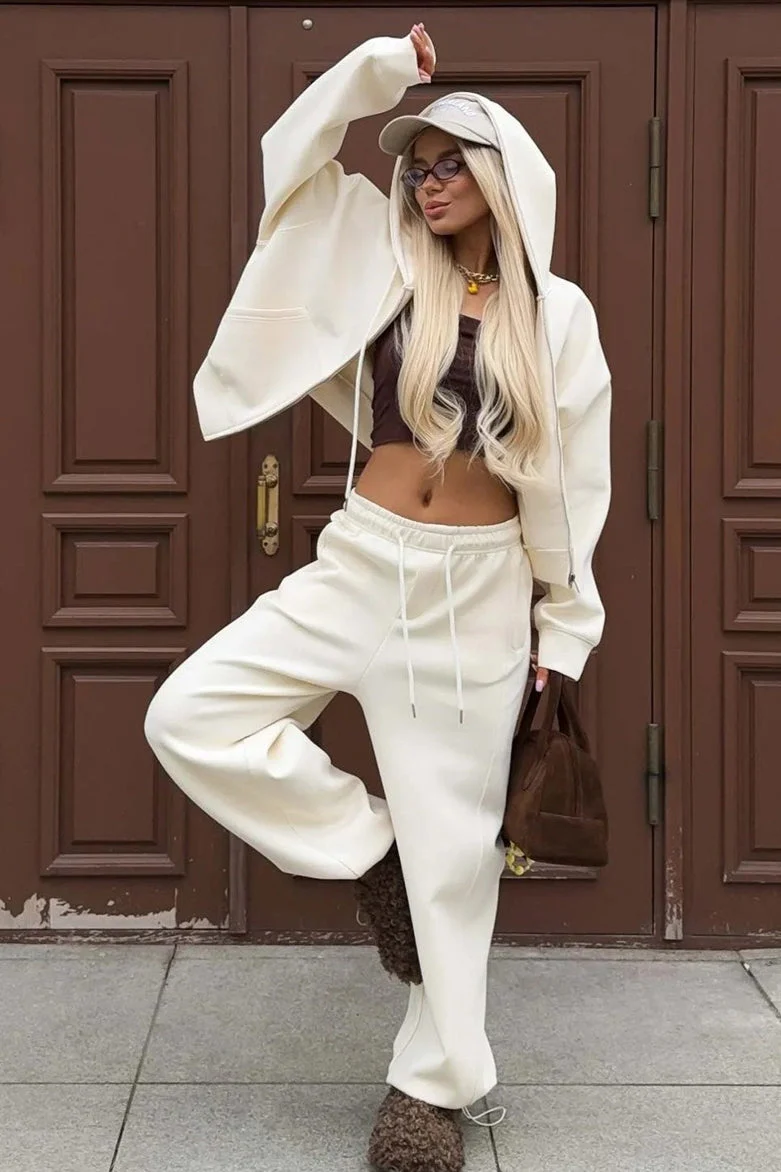 Zipper Hoodie Long Sleeve Wide Leg Pants Two Piece Set - Image 9