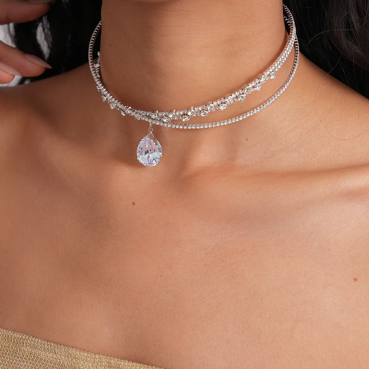 Zircon Rhinestone Waterdrop Crisscross Double Layer NeckLace - Image 2