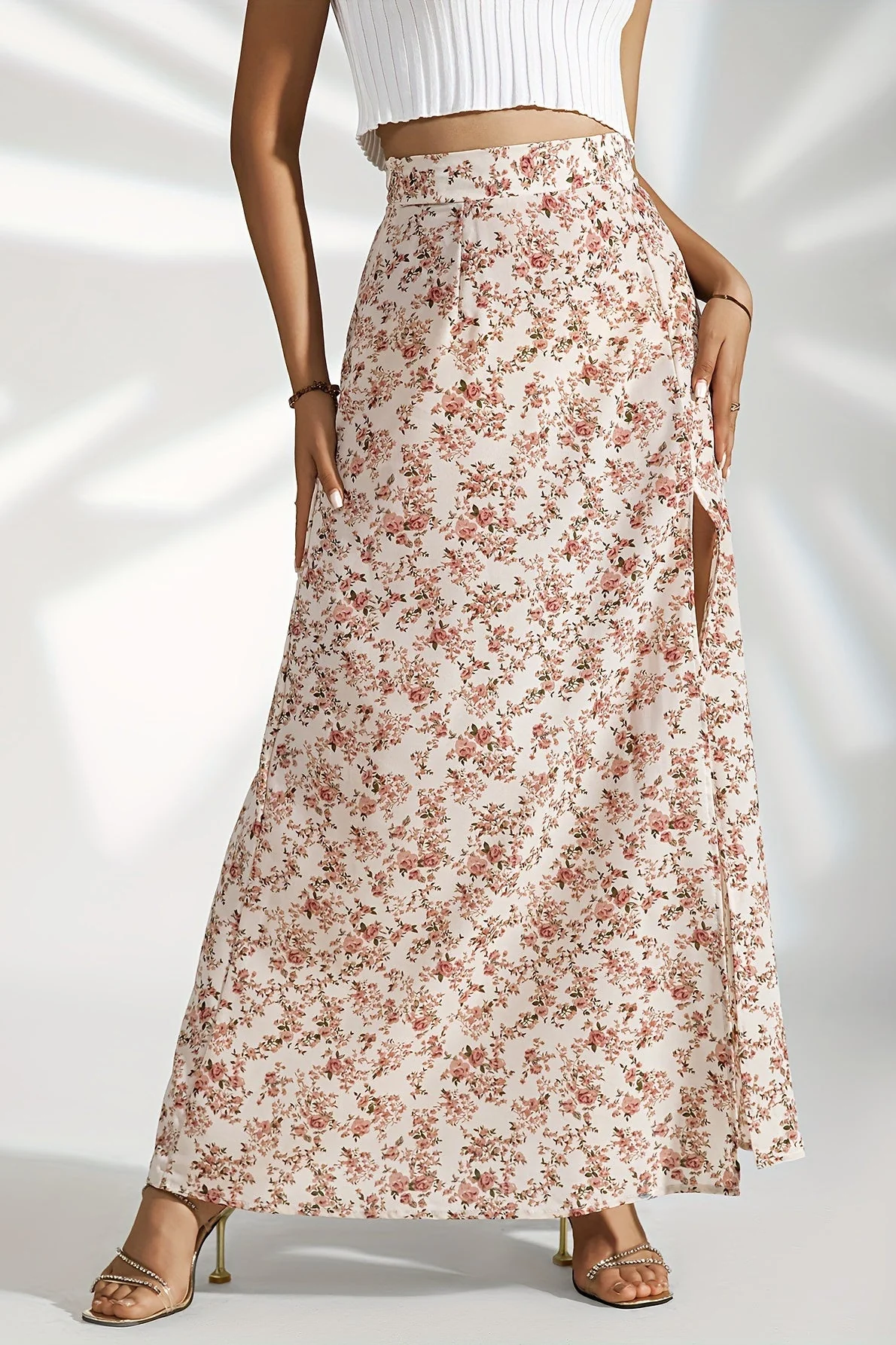 High Waist Split Floral Slim Midi Skirt - Image 4