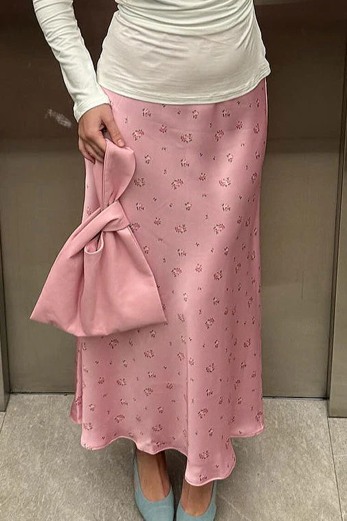 High Waist Satin Floral Print Drape Skirt - Image 3