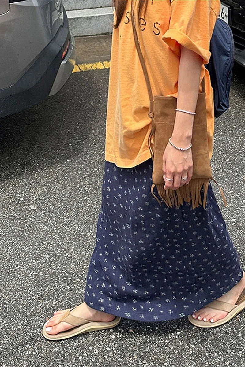 Drawstring Floral Print Navy Casual Skirt - Image 2