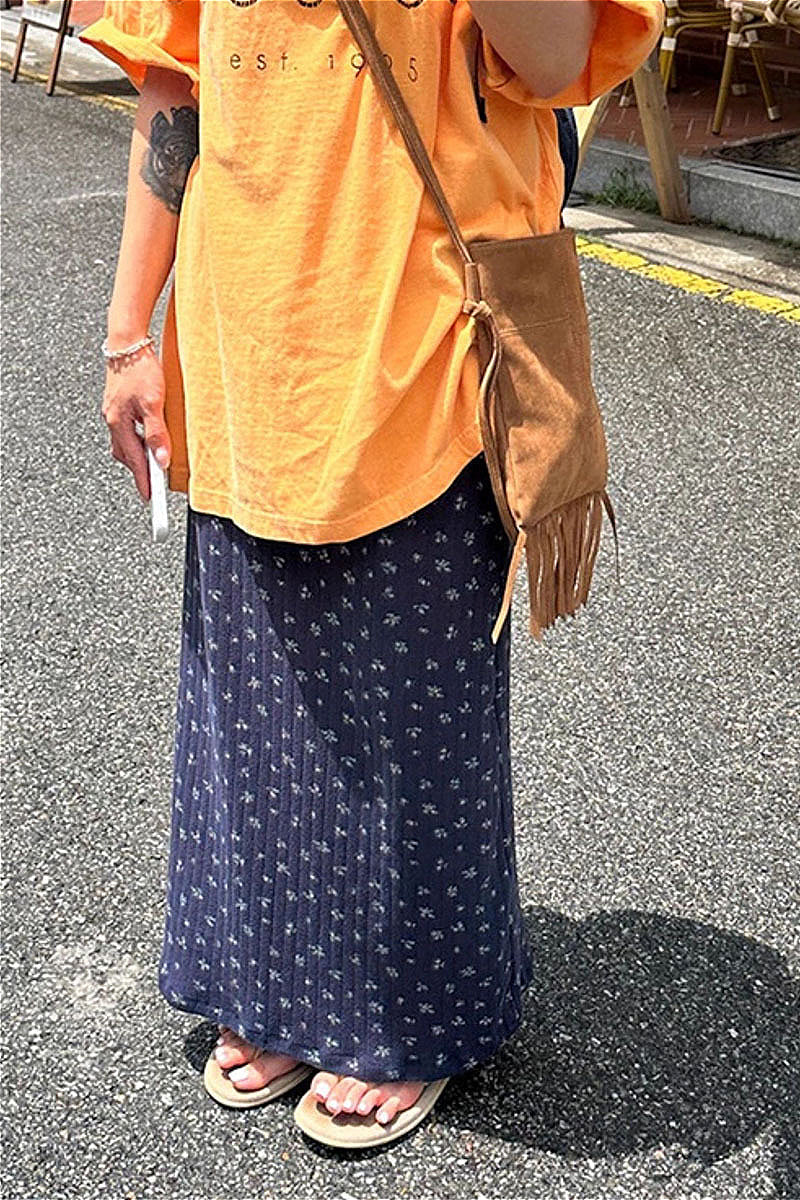 Drawstring Floral Print Navy Casual Skirt - Image 3