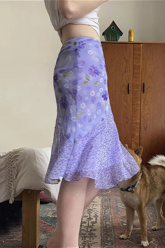 Floral Purple Patchwork Asymmetrical Tulle High Waist Skirt - Image 2
