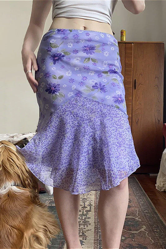 Floral Purple Patchwork Asymmetrical Tulle High Waist Skirt - Image 3