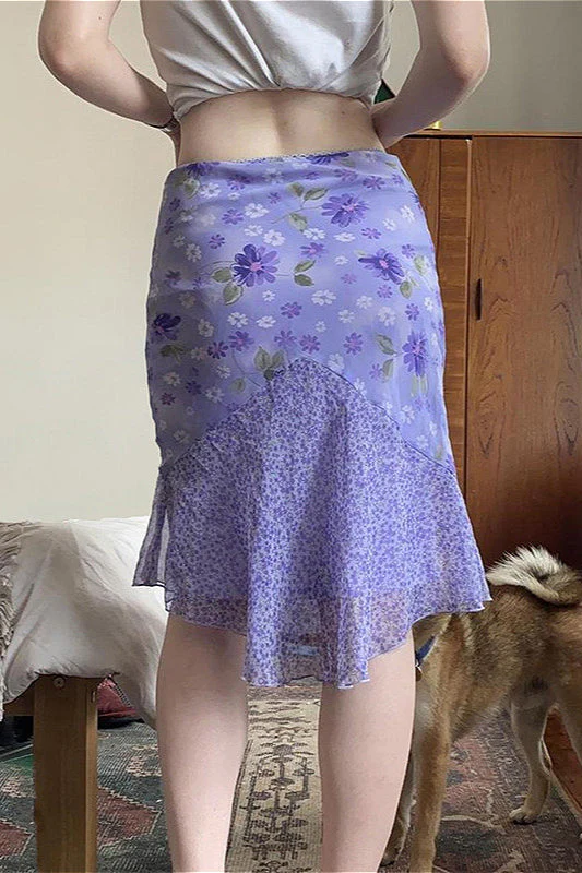 Floral Purple Patchwork Asymmetrical Tulle High Waist Skirt - Image 4