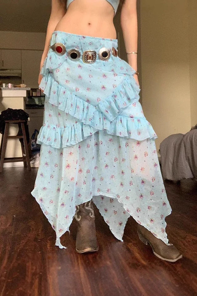 Sheer Floral Low Waist Asymmetrical Ruffle A Line Skirt - Image 2