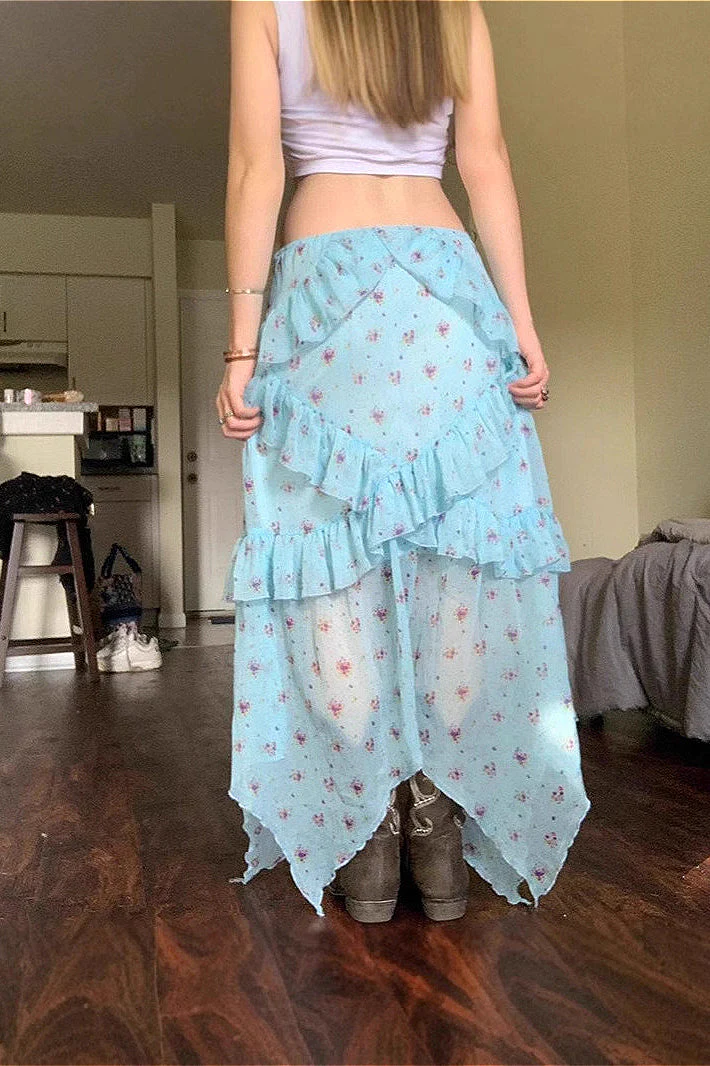 Sheer Floral Low Waist Asymmetrical Ruffle A Line Skirt - Image 4