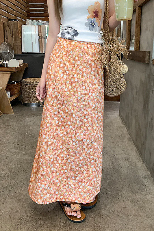 Floral Orange A Line Midi Skirt - Image 3