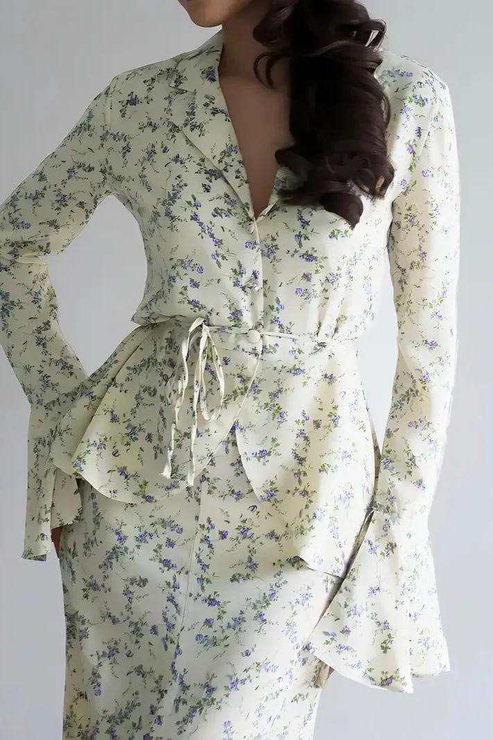 Long Sleeve Small Floral Waist Cinch Top Midi Skirt Two Piece Set - Image 2
