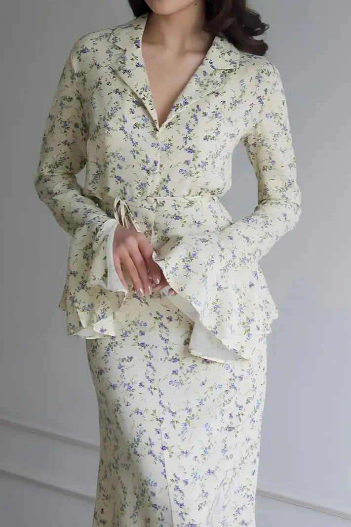 Long Sleeve Small Floral Waist Cinch Top Midi Skirt Two Piece Set - Image 3