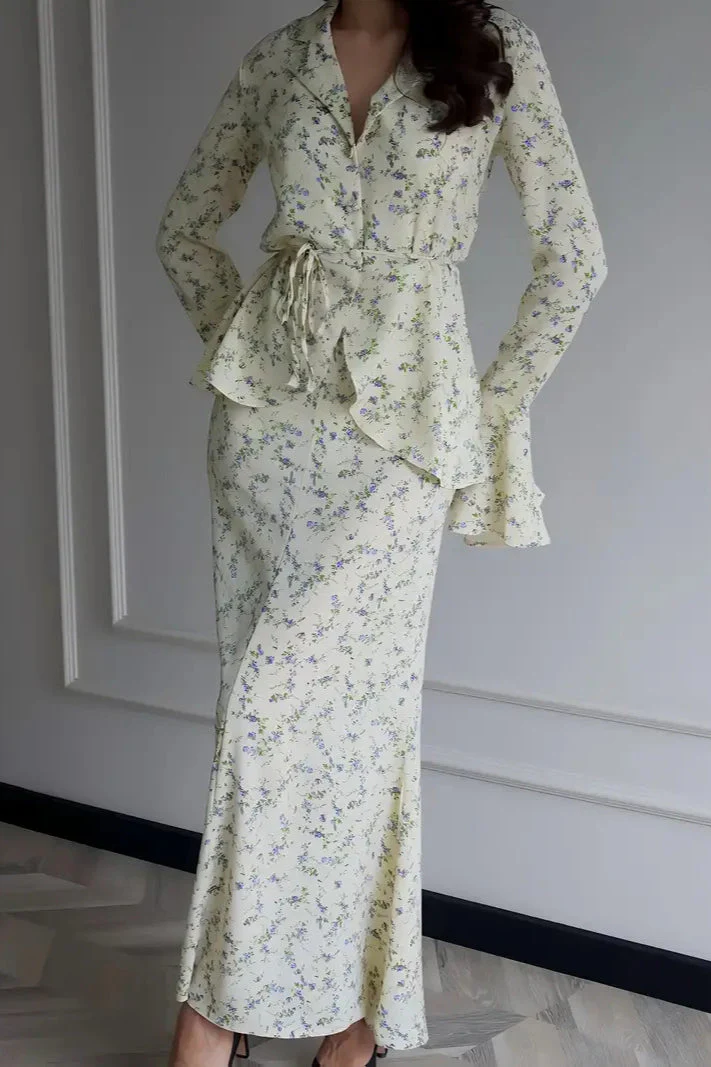 Long Sleeve Small Floral Waist Cinch Top Midi Skirt Two Piece Set - Image 4