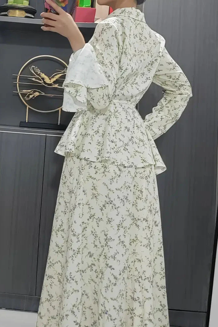 Long Sleeve Small Floral Waist Cinch Top Midi Skirt Two Piece Set - Image 5