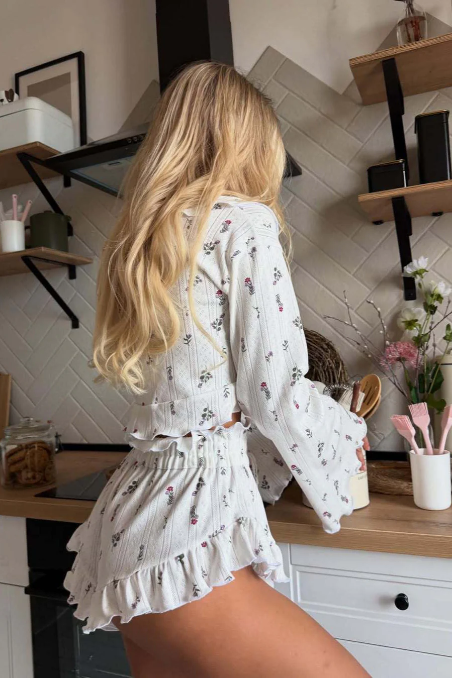 Short Cardigan Hollow Out Long Sleeve Floral Shorts Loungewear Two Piece Set - Image 2