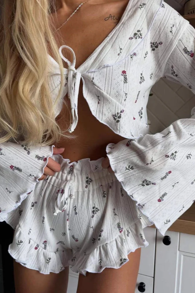 Short Cardigan Hollow Out Long Sleeve Floral Shorts Loungewear Two Piece Set - Image 3