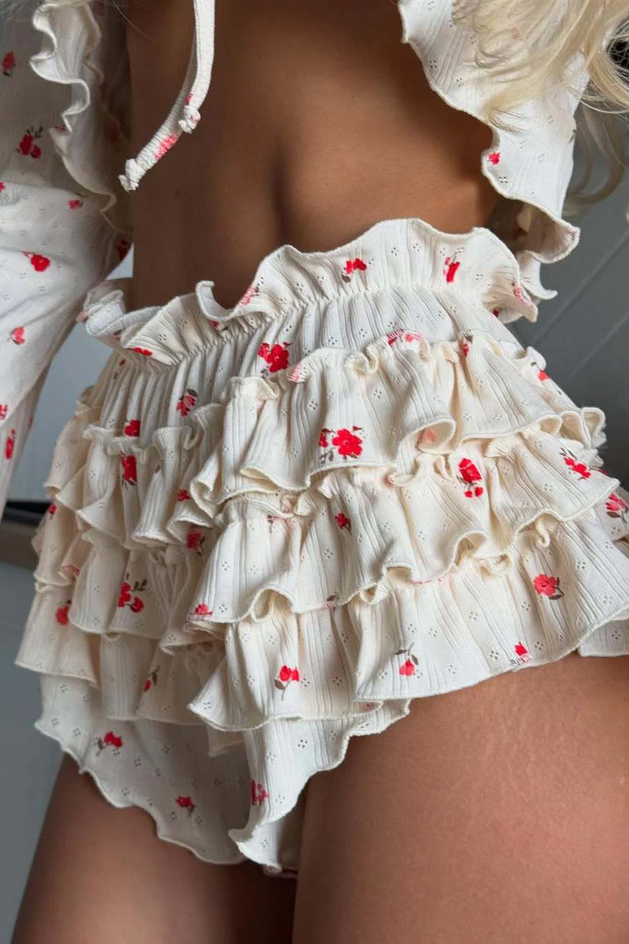 Floral Knitted Short Long Sleeve Shorts Loungewear Two Piece Set - Image 4