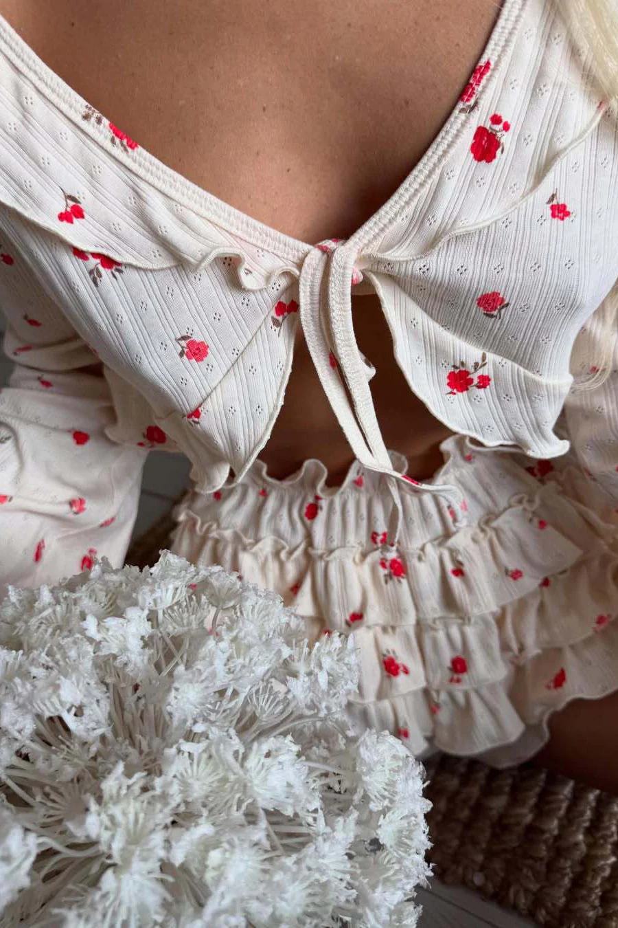 Floral Knitted Short Long Sleeve Shorts Loungewear Two Piece Set - Image 5