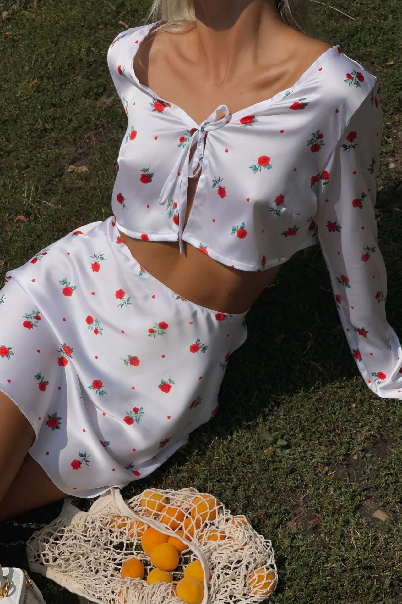 Printed Satin Long Sleeve Cardigan Skirt Two Piece Set - Image 2