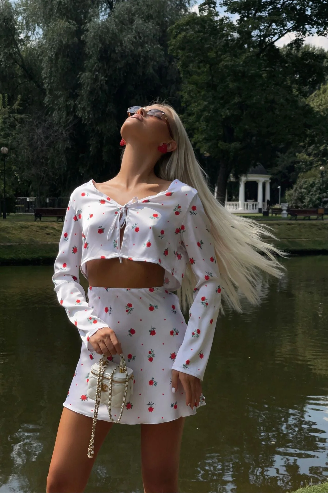 Printed Satin Long Sleeve Cardigan Skirt Two Piece Set - Image 3