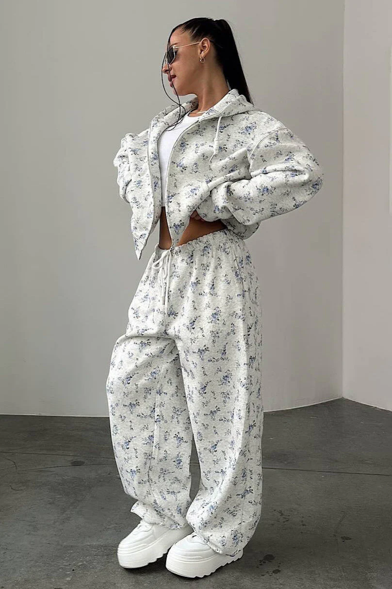 Floral Cropped Zip Hoodie Drawstring Wide-leg Pants Two Piece Set - Image 2
