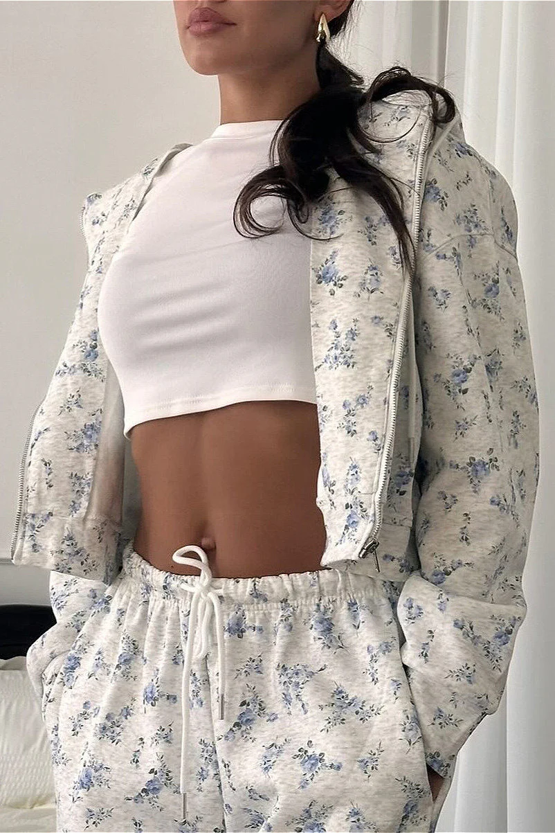 Floral Cropped Zip Hoodie Drawstring Wide-leg Pants Two Piece Set - Image 3