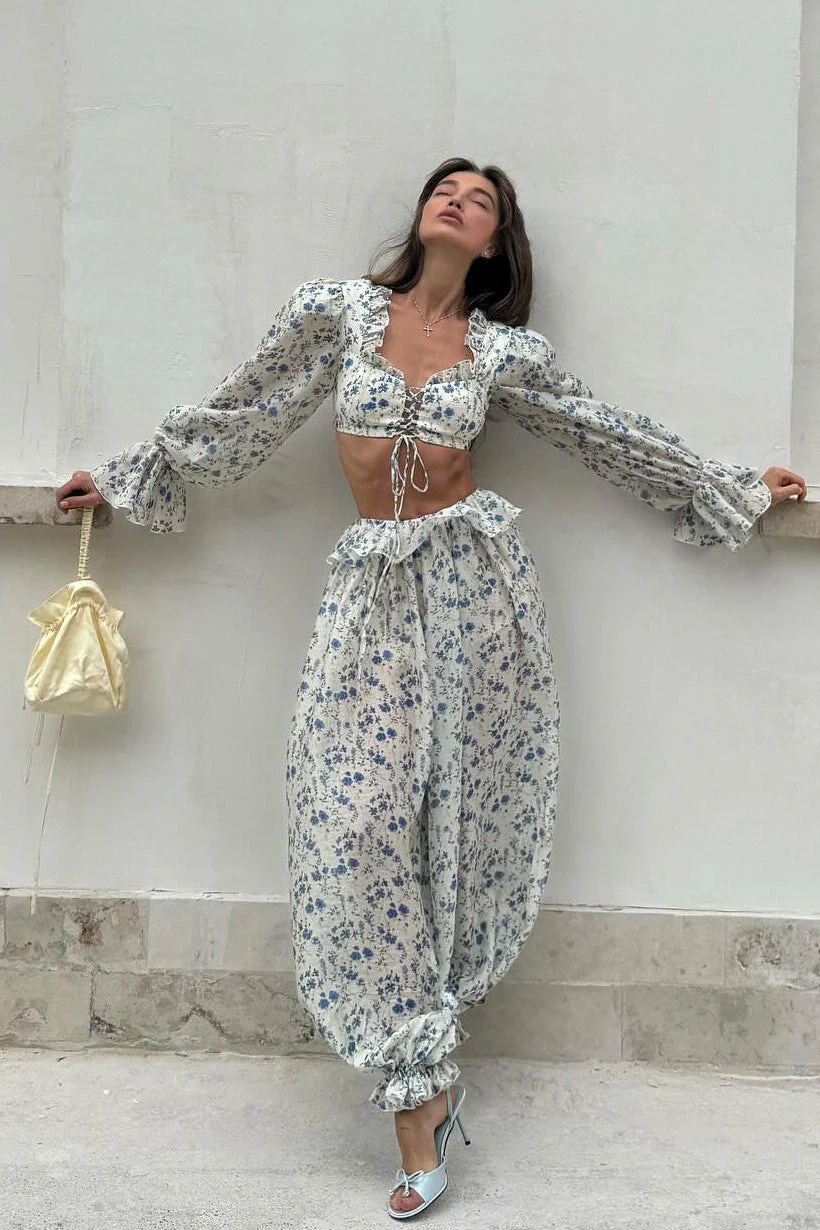 Floral Tie Front Square Neck Ruffled Cropped Top Low Waist Jogger Pants Two Piece Set - Image 2