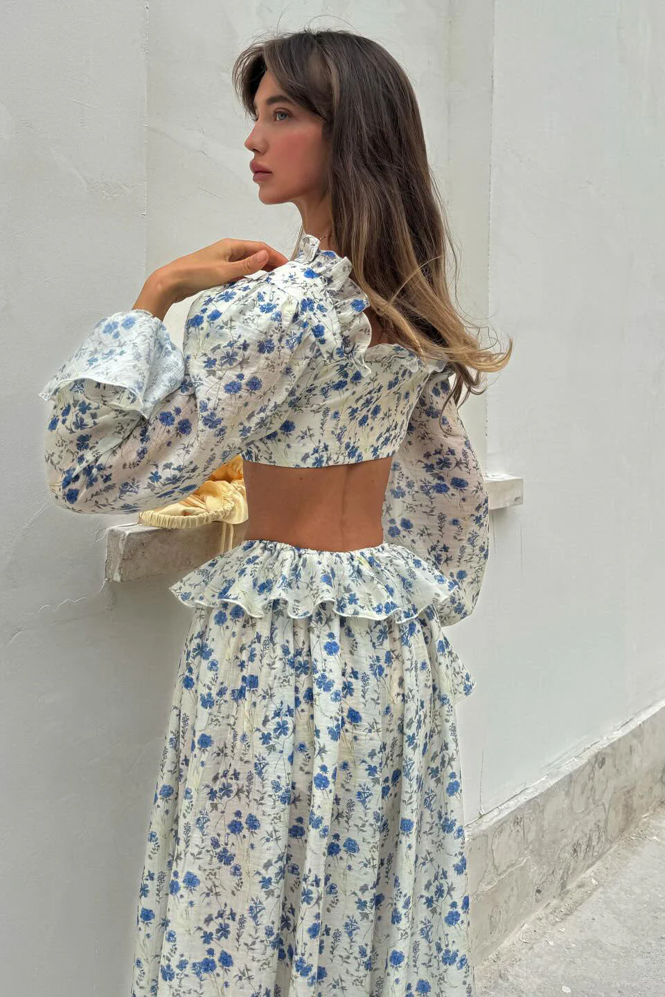 Floral Tie Front Square Neck Ruffled Cropped Top Low Waist Jogger Pants Two Piece Set - Image 3