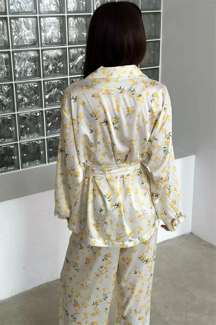Floral Long Sleeve Cardigan Pants Loungewear Two Piece Set - Image 3