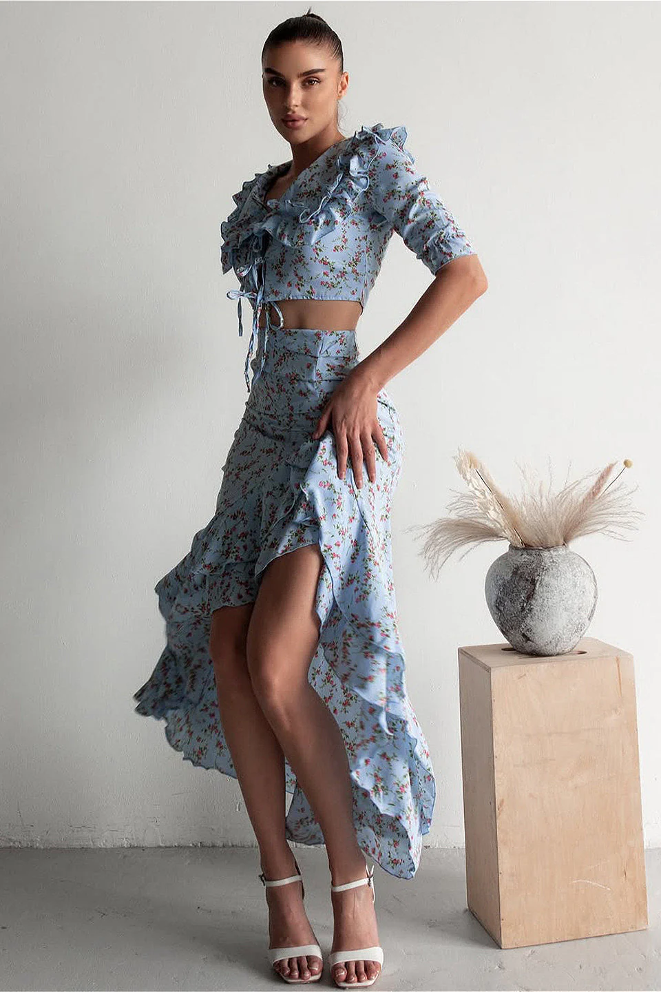 Floral Light Blue Ruffled Split Midi Skirt Two Piece Set - Image 2