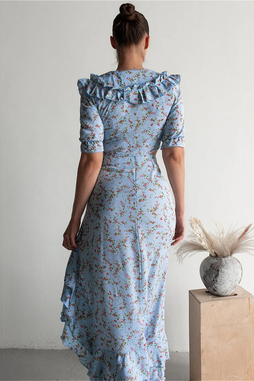 Floral Light Blue Ruffled Split Midi Skirt Two Piece Set - Image 3