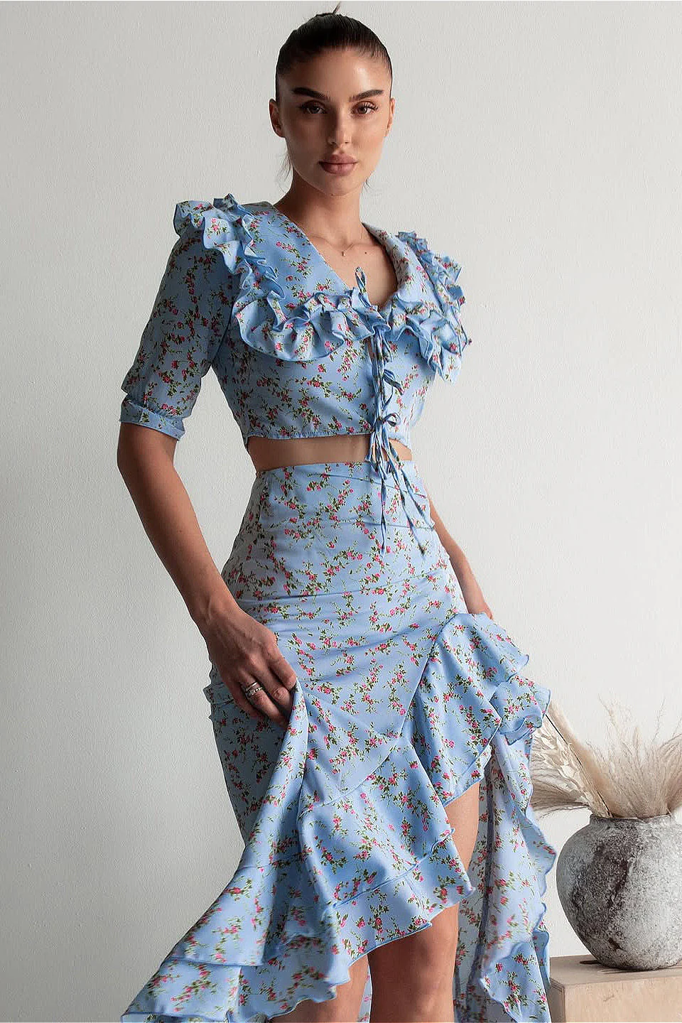 Floral Light Blue Ruffled Split Midi Skirt Two Piece Set - Image 4