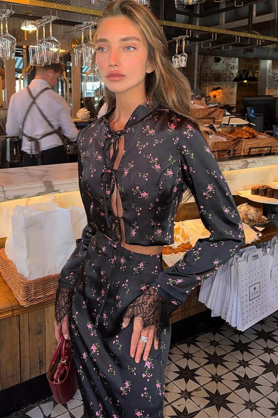 Floral Tie Waist Crop Top Split Bodycon Skirt Two Piece Set - Image 4