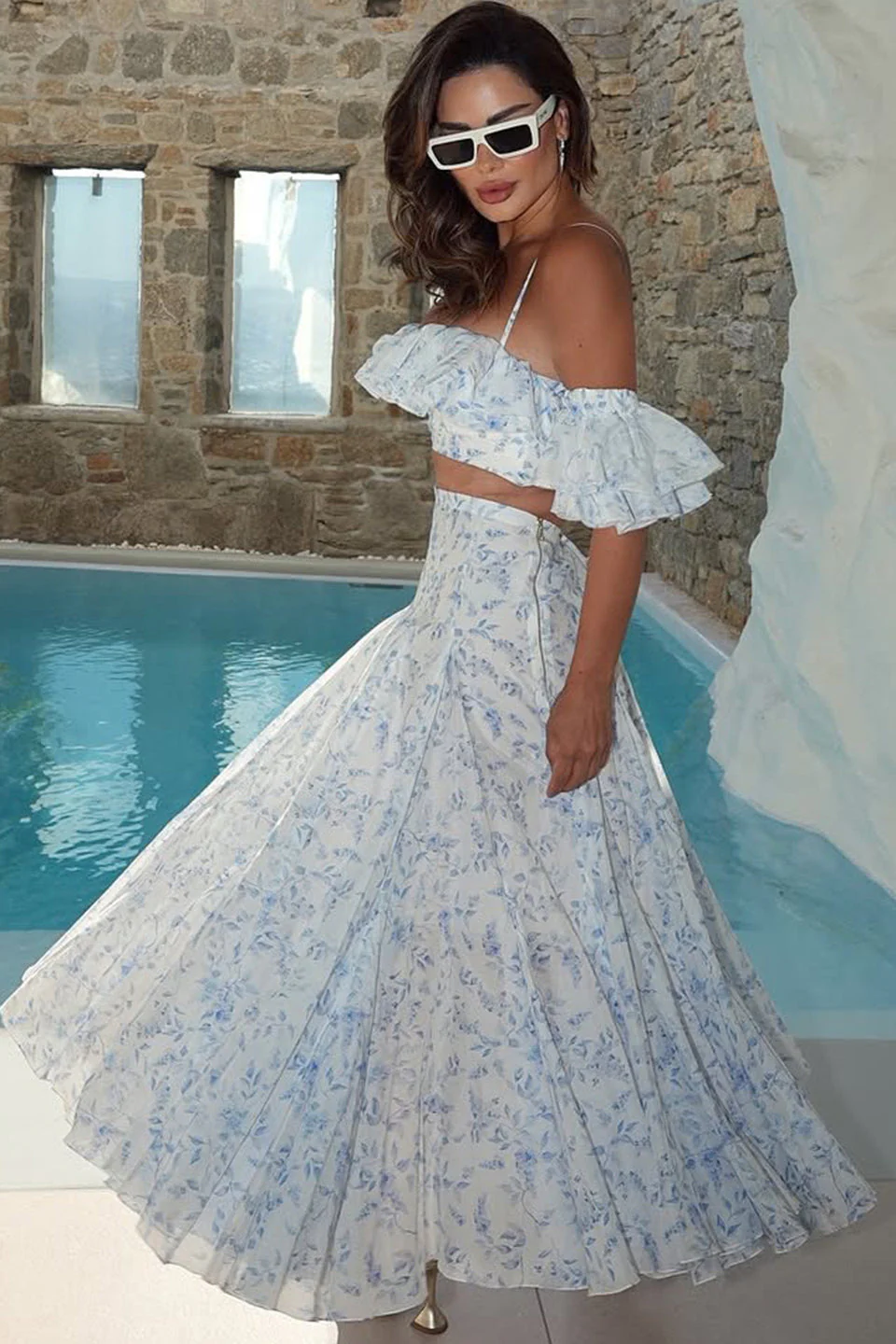 Off Shoulder Floral Ruffled Camisole Maxi Dress Two Piece Set - Image 2