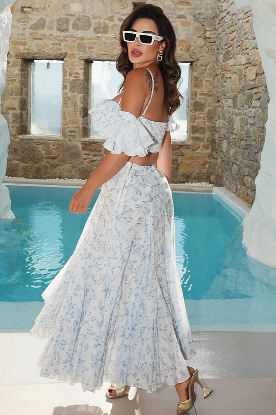 Off Shoulder Floral Ruffled Camisole Maxi Dress Two Piece Set - Image 3