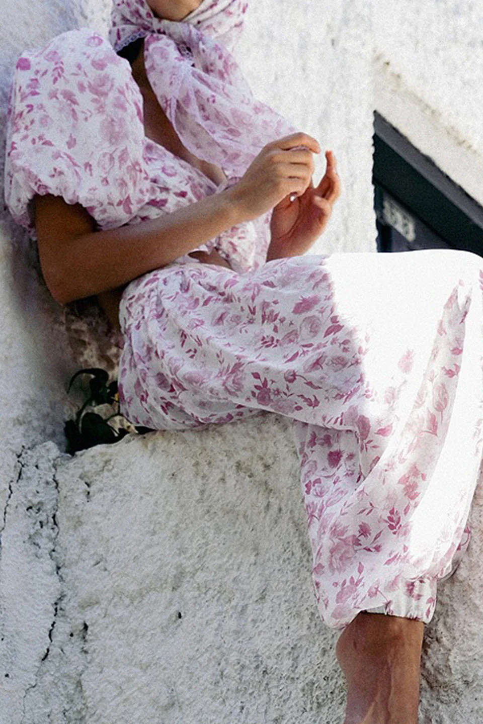 Pink White Floral Puff Sleeve Top Lantern Pants Two Piece Set - Image 3