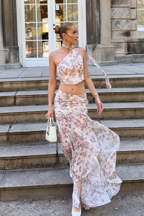 Light Pink Purple Floral One Shoulder Sleeveless Two Piece Set - Image 2