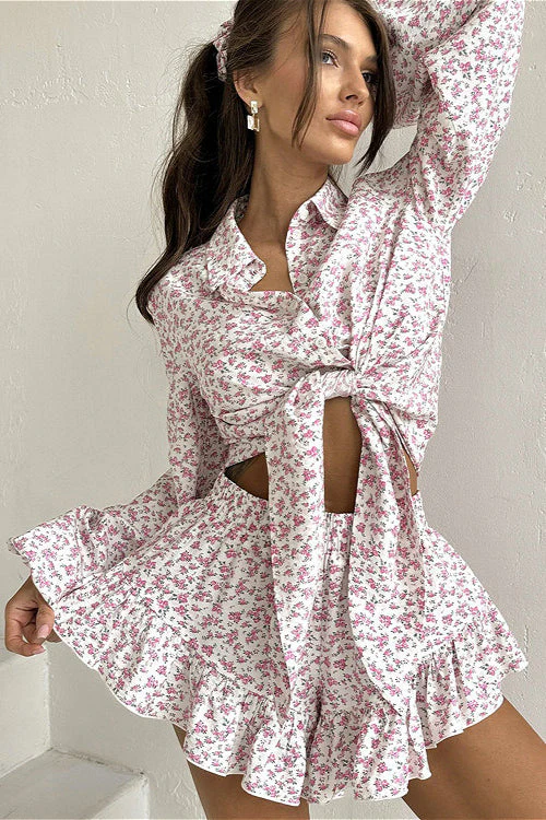 Long Sleeve Floral Collar Flip Shirt Ruffled Shorts Two Piece Set - Image 2
