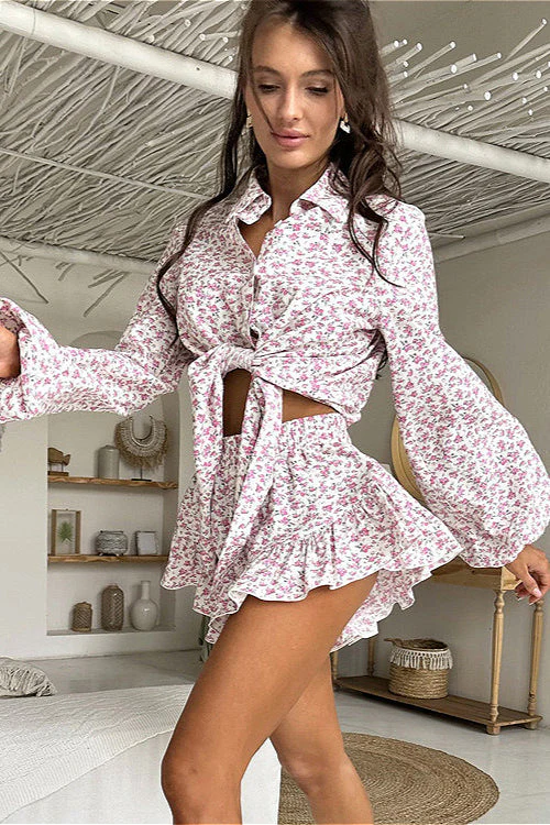 Long Sleeve Floral Collar Flip Shirt Ruffled Shorts Two Piece Set - Image 3