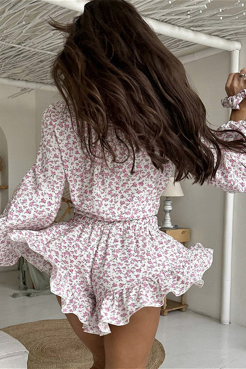 Long Sleeve Floral Collar Flip Shirt Ruffled Shorts Two Piece Set - Image 4